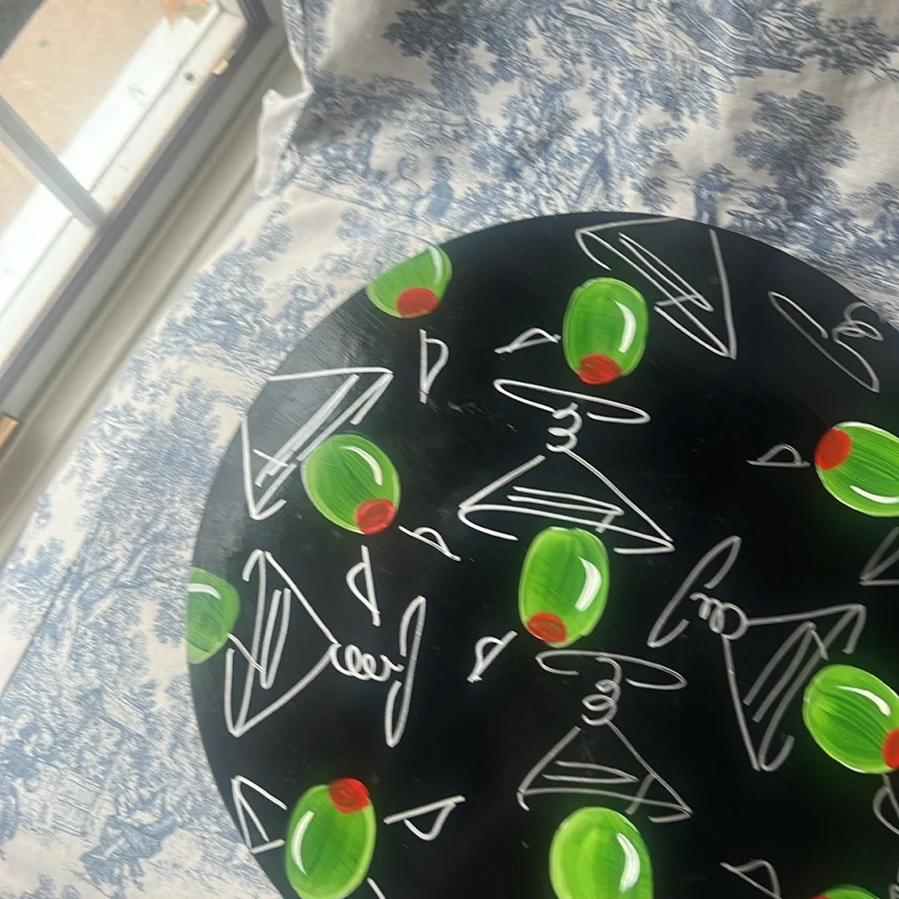 ROTATING TRAY WOOD HAND PAINTED MARTINI MOTIF  14” ROUND LAZY SUSAN